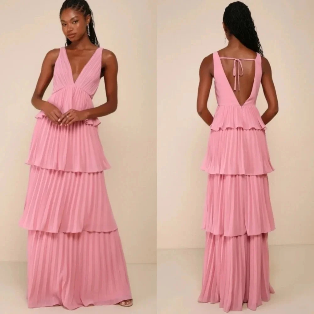 Lulus Mesmerizing Essence Pink Pleated Backless Tiered Maxi Dress Wedding Party